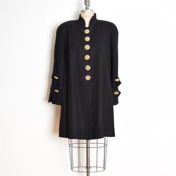 vintage 80s coat jacket black wool trapeze military brass button L XL clothing - Picture 1 of 7